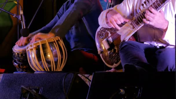 Двое мужчин играют на традиционных индийских барабанах и ситаре — стоковое видео