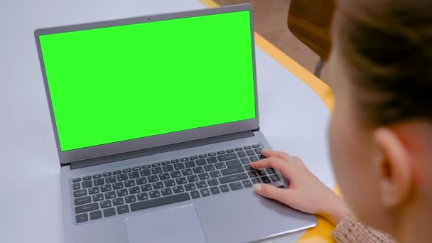 Mujer mirando el ordenador portátil con pantalla verde en blanco en la cafetería — Vídeos de Stock