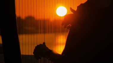 Woman playing harp at sunset clipart