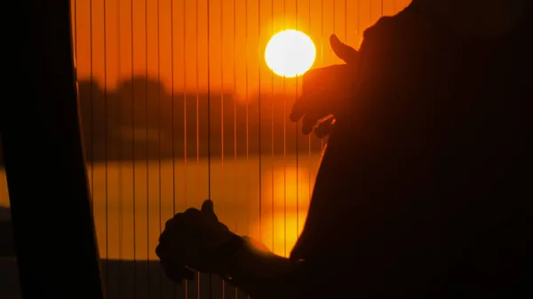 Nő játszik hárfa naplementekor — Stock Fotó