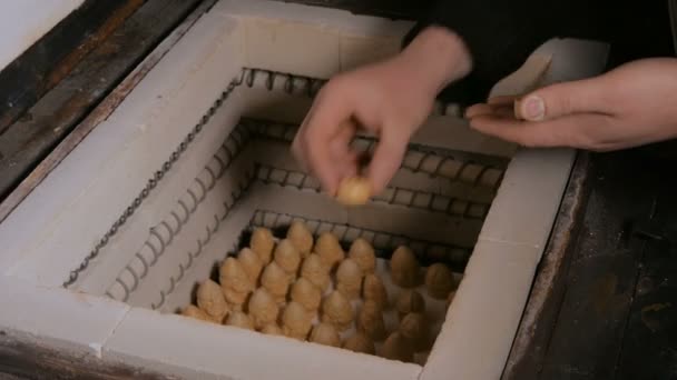Pottera umísťování keramických figurín do hrnčířské pece — Stock video