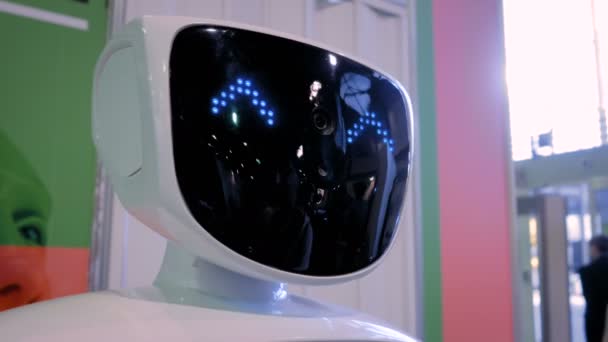 Robot blanc aux yeux bleus au salon robotique — Video