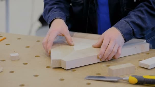 Carpintero trabajando con detalles de madera — Vídeo de stock