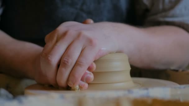 粘土と陶芸家のホイールに取り組んでプロ男性・ ポッター — ストック動画