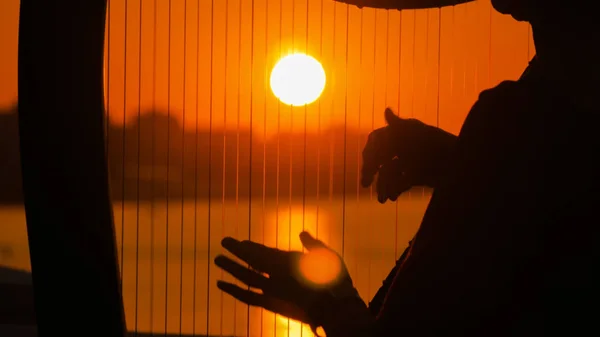 Nő játszik hárfa naplementekor — Stock Fotó