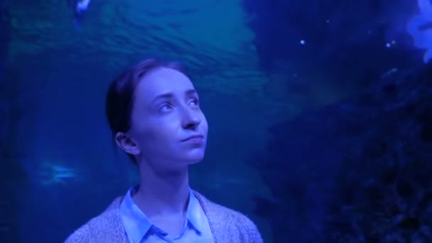 Mujer mirando peces en gran acuario público tanque en Oceanarium — Vídeos de Stock