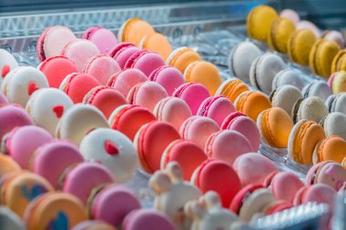 Şekerci dükkanının tezgahında satılık renkli kurabiyeler.