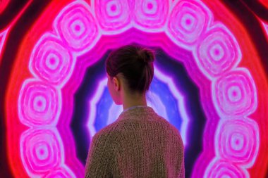 Genç bir kadın modern sanatsal sergiye bakıyor.