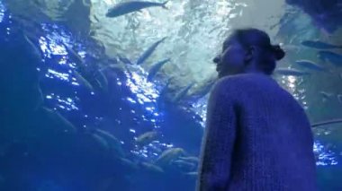 Oceanarium 'da büyük bir akvaryum tankında balık girdabına bakan bir kadın.