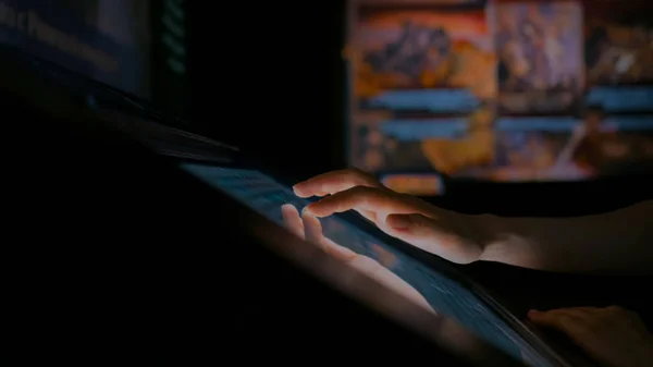 Woman using interactive touchscreen display