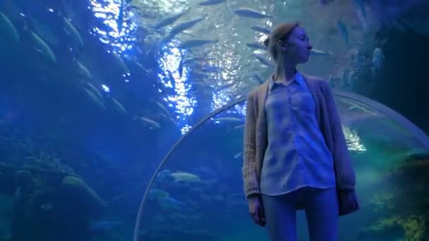 Mujer mirando el vórtice de peces en un gran acuario público en Oceanarium — Vídeos de Stock