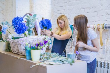 İki kadın çiçekçi, parlak odada çiçekli büyük bir çiçek sepeti yapıyorlar.