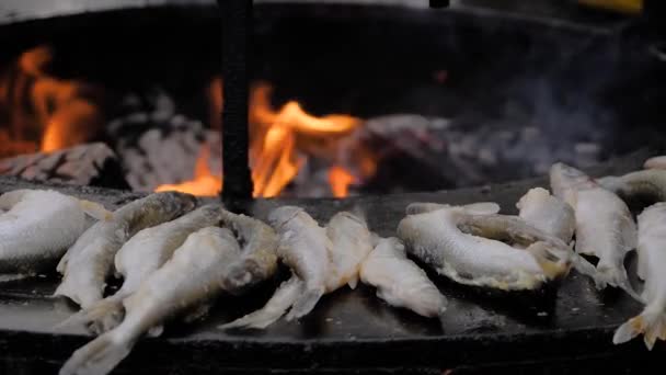 Lento movimiento: proceso de cocción europeo olía pescado en negro en el festival de comida — Vídeos de Stock