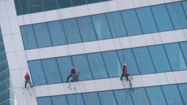 現代的なオフィスビル超高層ビルの窓を掃除する洗濯機のチーム — ストック動画
