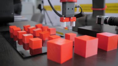 Robot kol manipülatörü robot sergisinde kırmızı oyuncak bloklarını hareket ettiriyor ve yerleştiriyor
