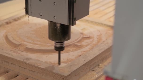 Фрезерний верстат для різання дерев'яної заготовки з деревної целюлози на технологічній виставці — стокове відео