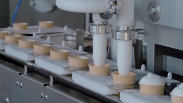 Медленное движение: автоматическая заправочная машина на молочном заводе, конвейерная лента — стоковое видео