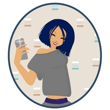 Mutlu bir genç kadın selfie alıyor. Kısa kollu kazaklı kısa saçlı kız kendini bir resmi bir smartphone için yapar. Düz bir tarzda basit vektör çizim
