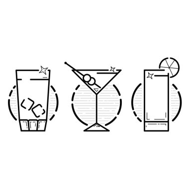 Vektör Icon set, üç stemware cam. Siyah ve gri stilize basit çizgi roman. Siluetleri kadehler farklı içecekler için. Nesneler için logo ve rozetleri.