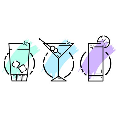 Vektör Icon set, üç stemware cam. Siyah renkli zemin stilize basit hat sanatı ile. Siluetleri kadehler farklı içecekler için. Nesneler için logo ve rozetleri.