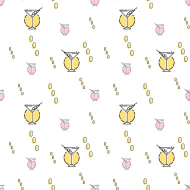 Vektör cam stemware ile seamless modeli. renkli zemin stilize basit çizgi roman. Tekstil, ambalaj kağıdı ve diğer süslemeleri için geometrik zemin