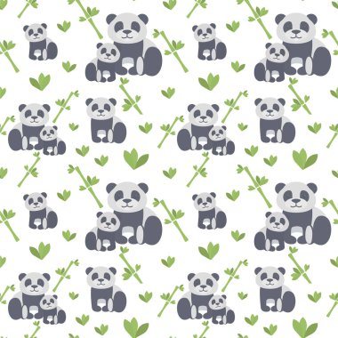 şirin ve basit çizgi film panda çim ve bambu ile vektör seamless modeli