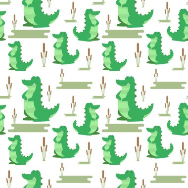 şirin ve basit çizgi film timsahlar ve typha vektör seamless modeli