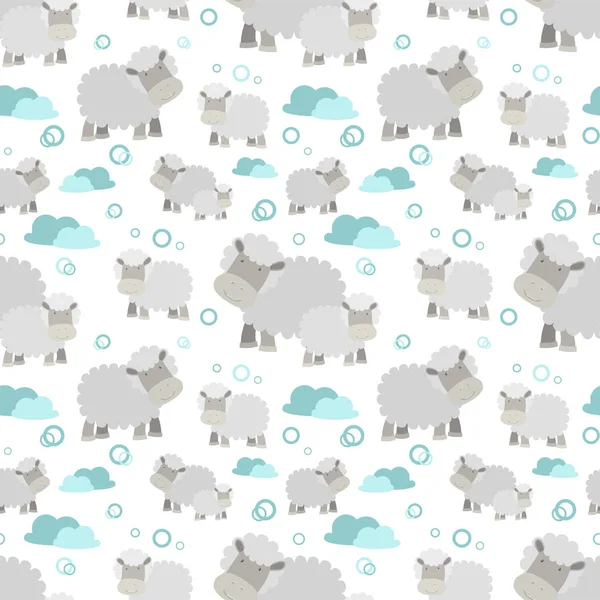 Patrón Inconsútil Vector Con Ovejas Dibujos Animados Lindo Simple Nubes — Vector de stock