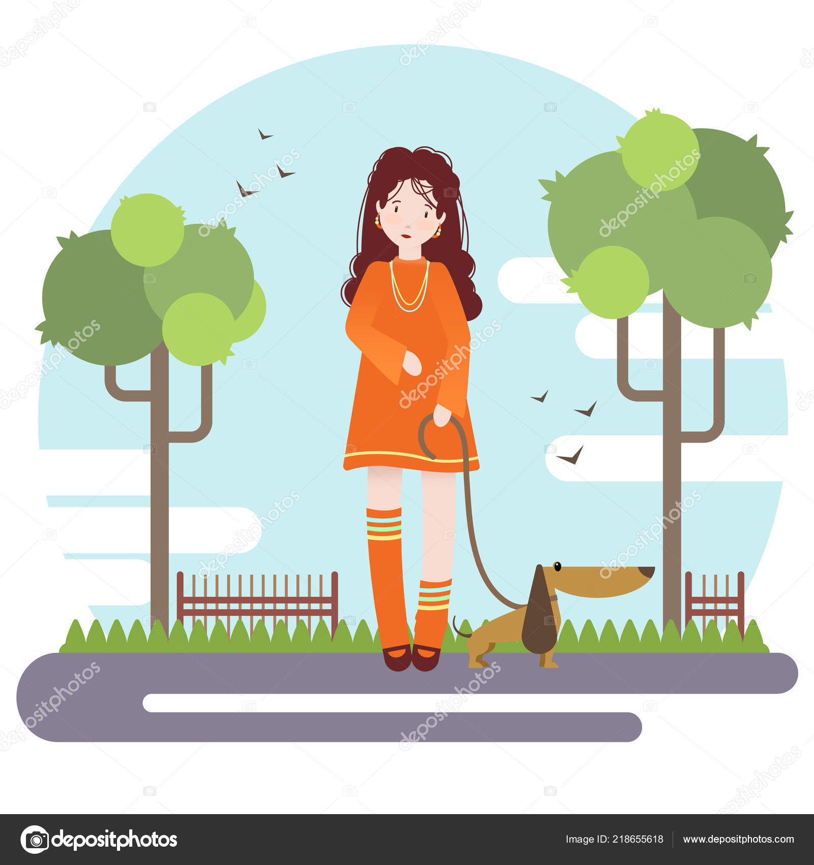Vector Flat Style Illustration Young Girl Orange Dress Long Brown