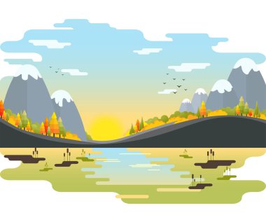 sonbahar vektör manzara. Köknar-ağaç ve çalı Riverside'da ile Dağları. düz stil renkli sahne.