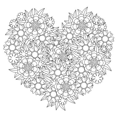 Boyama kitabı için vektör desen. Etnik retro tasarım çiçek öğeleri ile zentangle tarzında siyah kalp hat sanatı şeklinde.