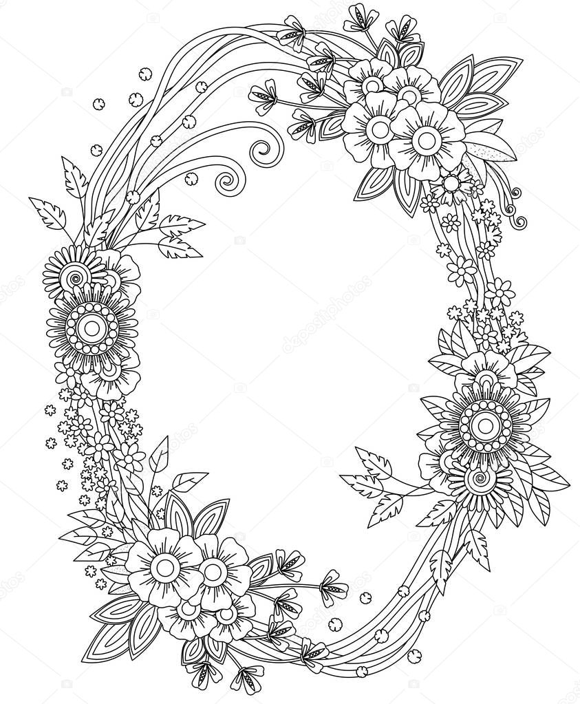 Vector pattern for coloring book. Ethnic retro design in zentangle style with floral elements,Black wreath shaped line art