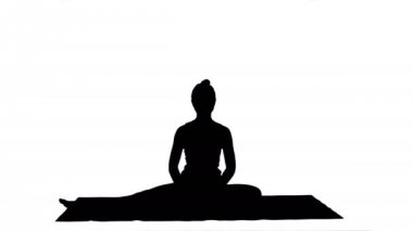 Genç kadın yoga pratik parça mat yaparken bacaklarını germe