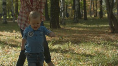 Güzel genç anne ve çok güzel yürümeye başlayan çocuk oğlu sonbahar parkta birlikte eğleniyor, çocuk annesi çalışıyor.