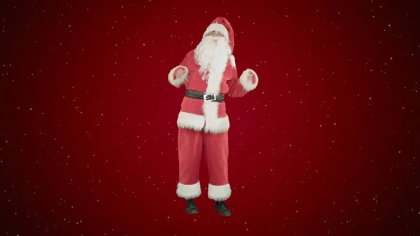 Santa Claus dansen op rode achtergrond met sneeuw — Stockfoto
