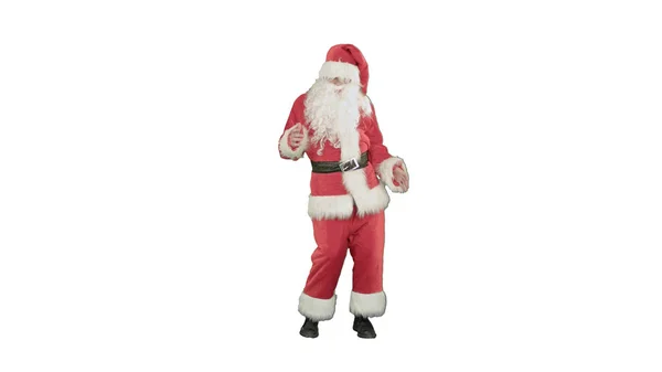 Happy Christmas Santa Claus having fun and dancing on white background — Stock Photo, Image