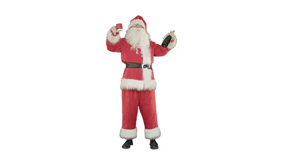 Santa som önskar god jul och dricka champagne på vit bakgrund — Stockfoto