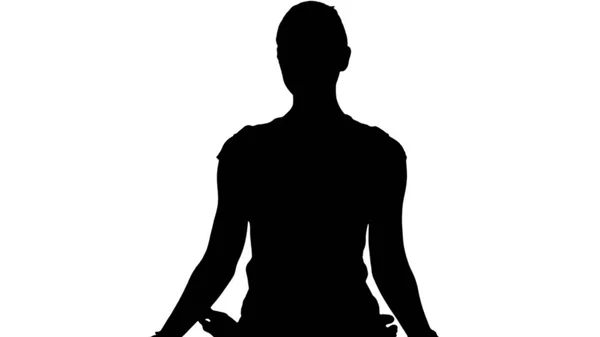 Jovem mulher sentada em pose de ioga de lótus praticando faixa de meditação fosco — Fotografia de Stock