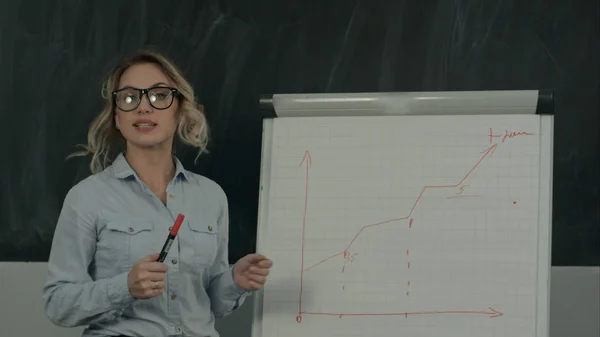 Attraktiv ung kvinna i glasögon rita en graf på blädderblock — Stockfoto