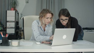 İki genç iş kadınları dizüstü bilgisayarda çalışma gülümseyen neşeli