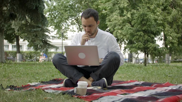 Hombre freelancer con portátil en el parque de verano en un día brillante. Hombre en casual trabajando en su cuaderno y sentado en la hierba . — Foto de Stock