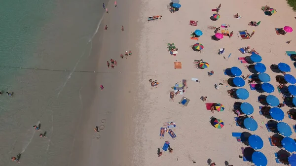 PHUKET, TAILANDIA - 20 ENE 2017: Muchas tumbonas están en la playa cerca del mar en el día soleado de verano — Foto de Stock