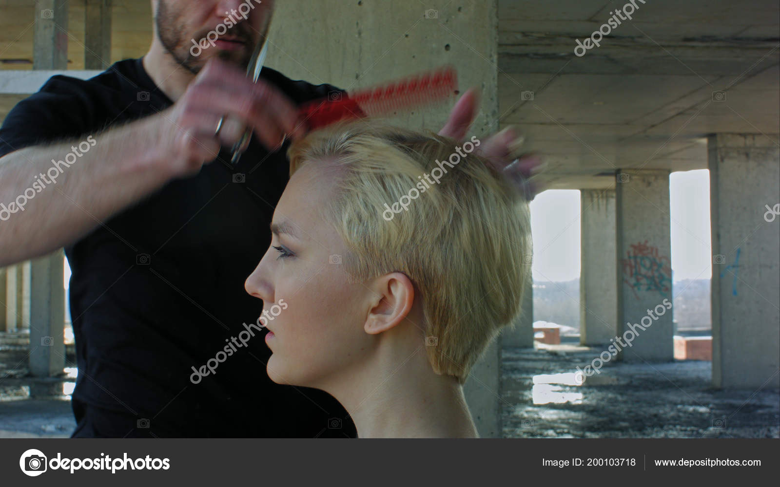 Woman Getting New Haircut By Hairdresser Stock Photo