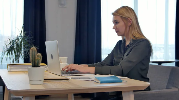 Сконцентрированная на работе, уверенная в себе молодая женщина в элегантной повседневной одежде, работающая на ноутбуке, сидя у окна в креативном офисе — стоковое фото