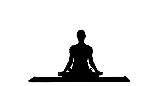 Jonge vrouw mediteert terwijl praktizerende yoga track mat — Stockfoto