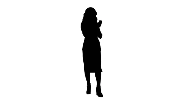 Aziatische zakenvrouw silhouet met behulp van de mobiele telefoon nummer mat — Stockfoto
