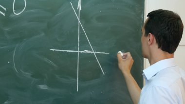 Genç öğretmen veya öğrenci formülü ile bir kara tahta üzerinde çizgi grafiği çizme