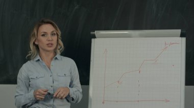 Güzel genç bir işçi iş sunumu Flipchart kullanarak yapma