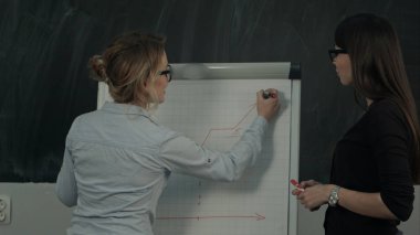 İki kadın ayakta ve grafik üzerinde flipchart iş toplantı sırasında sunan.