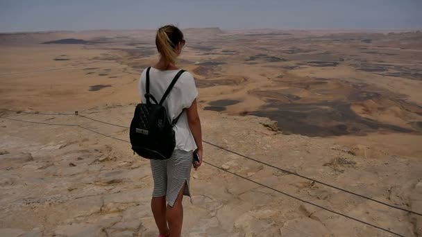 Jovem com mochila em pé na borda dos penhascos e desfrutando da vista do deserto — Vídeo de Stock